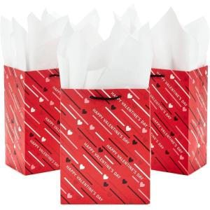 Hallmark 8″ Medium Valentine’s Day Gift Bags with Tissue Paper (3 Bags: Red with Black, Pink, White Stripes and Hearts)(Red and Black)
