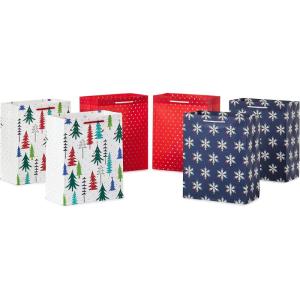 Hallmark 9″ Christmas Gift Bags (6 Medium Bags, 3 Designs: Red Polka Dot, Colorful Trees, Navy Snowflake) for Holiday Partes, Winter Weddings, Birthdays