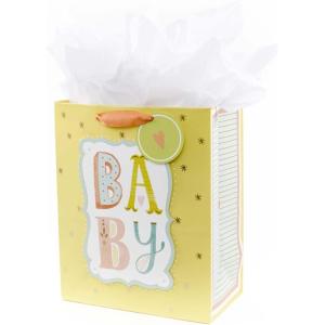 Hallmark 9″ Medium Baby Gift Bag with Tissue Paper – Baby Banner in Grey, Pink and Blue for Baby Showers, New Parents, and More(Baby  Yellow)