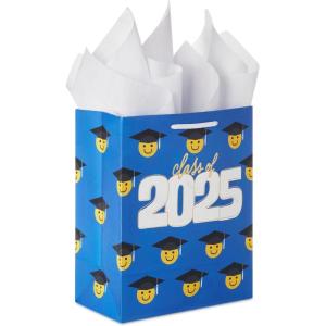 Hallmark 9″ Medium Graduation Gift Bag with Tissue Paper (Gold and Silver Mortarboards on Black) for College, High School, 8th Grade, Kindergarten, Nurses(Class of 2025)