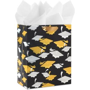 Hallmark 9″ Medium Graduation Gift Bag with Tissue Paper (Gold and Silver Mortarboards on Black) for College, High School, 8th Grade, Kindergarten, Nurses(Gold and White Mortarboards on Black)