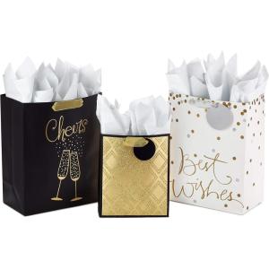 Hallmark All Occasion Gift Bags Assortment with Tissue Paper – Black and Gold (Pack of 3, 2 Large 13″ and 1 Medium 9″ for Anniversaries, Weddings, Birthdays, Holidays and More)