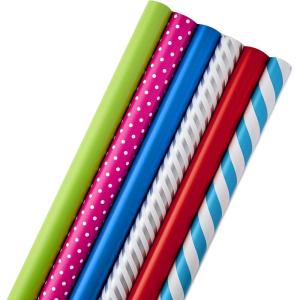 Hallmark All Occasion Wrapping Paper Bundle with Cut Lines on Reverse (Pack of 6; 180 sq. ft. ttl.) Solids, Polka Dots & Stripes for Birthdays, Easter, Mothers Day, Weddings, Baby Showers (5JXW1746)