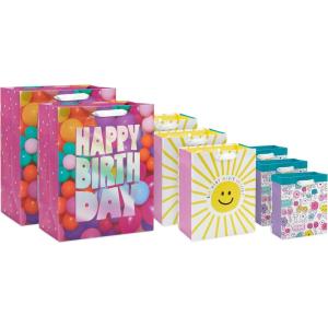 Hallmark Assorted Birthday Gift Bags (8 Bags: 3 Small 6″, 3 Medium 9″, 2 Large 13″) Smiling Sun, Balloons, Cute Flowers and Plants(Smiling Sun  Balloons  Flowers)