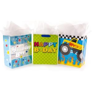 Hallmark Assorted Birthday Gift Bags for Kids (8 Bags: 4 Medium 9″, 4 Large 13″) Rainbow, Stripes, Polka Dots, Yellow, Pink, Blue(Birthday Boy  Monster Truck)