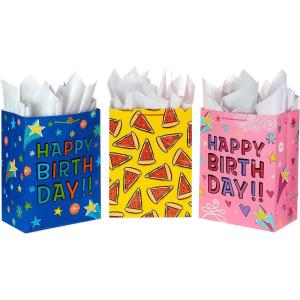 Hallmark Assorted Birthday Gift Bags for Kids (8 Bags: 4 Medium 9″, 4 Large 13″) Rainbow, Stripes, Polka Dots, Yellow, Pink, Blue(Blue  Pizza  Pink)