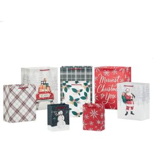 Hallmark Assorted Christmas Gift Bags (8 Bags: 3 Small 6″, 3 Medium 9″, 2 Large 13″) Santa Claus, Red Plaid, Poinsettia Flowers(Plaid  Snowflakes  Snowman  Santa  Red Truck)