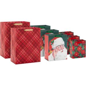 Hallmark Assorted Christmas Gift Bags (8 Bags: 3 Small 6″, 3 Medium 9″, 2 Large 13″) Santa Claus, Red Plaid, Poinsettia Flowers(Red Plaid  Retro Santa  Poinsettia)
