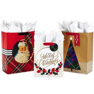 Hallmark Assorted Christmas Gift Bags (8 Bags: 3 Small 6″, 3 Medium 9″, 2 Large 13″) Santa Claus, Red Plaid, Poinsettia Flowers(Retro Santa  Merry Christmas  Plaid Tree)