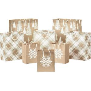 Hallmark Assorted Christmas Gift Bags, Recyclable Kraft Brown with Snowflake, Plaid and Trees (8 Bags: 3 Small 6″, 3 Medium 9″, 2 Large 13″) for Holiday Parties, Hanukkah, Winter Weddings(Snowflake  Plaid  Christmas Trees)