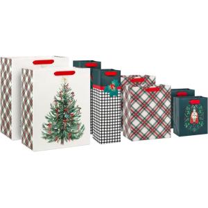 Hallmark Assorted Christmas Gift Bags, Recyclable Kraft Brown with Snowflake, Plaid and Trees (8 Bags: 3 Small 6″, 3 Medium 9″, 2 Large 13″) for Holiday Parties, Hanukkah, Winter Weddings(Nutcracker  Plaid  Holly  Christmas Trees)
