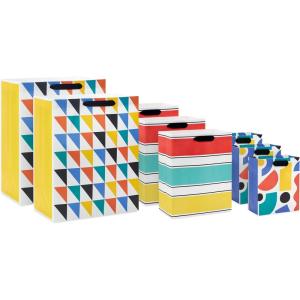 Hallmark Assorted Gift Bags (8 Bags: 3 Small 6″, 3 Medium 9″, 2 Large 13″) Colorful Stripes, Triangles, Shapes(Bag Bundle)