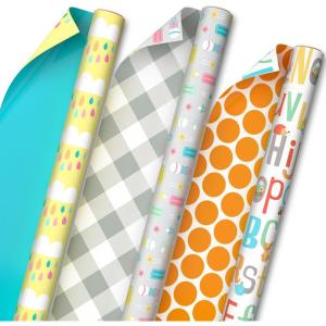 Hallmark Baby Shower Wrapping Paper Rolls – Pastel Gift Wrap Paper – Gender Neutral Clouds, ABCs, Bottles, Polka Dots, Blue, Gray Gingham (Set of 3 Rolls: 75 sq. ft. ttl.)(Clouds  Bottles  ABCs)