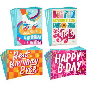 Hallmark Birthday Girl Card Assortment (16 Cards with Envelopes) Roller Skates, Retro, Stars, Pink, Orange