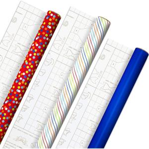 Hallmark Birthday Wrapping Paper Bundle with Cut Lines on Reverse (3-Pack: 55 sq. ft. ttl.) Bright and Holographic Prints and Patterns in Red, Blue, Yellow, White and More(Polka Dots  Rainbow Stripes  Solid Blue)