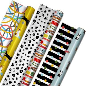 Hallmark Birthday Wrapping Paper Rolls – Balloons, Stars, Cupcakes, Blue Stripes, Solid Red Gift Wrap Paper (Set of 3 Reversible Rolls: 75 sq. ft. ttl.)(Golden Yellow  Multicolor and Light Blue)