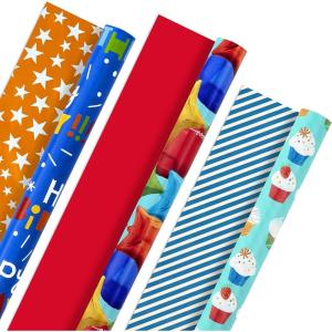 Hallmark Birthday Wrapping Paper Rolls – Balloons, Stars, Cupcakes, Blue Stripes, Solid Red Gift Wrap Paper (Set of 3 Reversible Rolls: 75 sq. ft. ttl.)(Kids Birthday Tri-Pack)