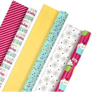 Hallmark Birthday Wrapping Paper Rolls – Colorful Gift Wrap Paper, Flowers, Cupcakes, Striped, Polka Dots (Set of 3 Reversible Rolls: 75 sq. ft. ttl.)(Reversible Stripes  Dots  Cupcakes)