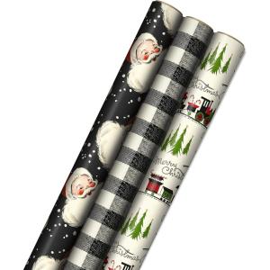 Hallmark Black Christmas Wrapping Paper with Cut Lines on Reverse (3 Rolls: 120 sq. ft. ttl) Retro Santa, Black and White Buffalo Plaid, Train and Trees (0005JXW1077)(Retro Santa  Plaid  and Train)
