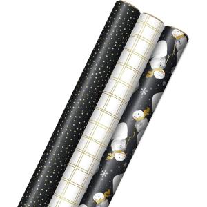 Hallmark Black Christmas Wrapping Paper with Cut Lines on Reverse (3 Rolls: 120 sq. ft. ttl) Retro Santa, Black and White Buffalo Plaid, Train and Trees (0005JXW1077)(Charcoal Black  Snowmen  Gold Plaid  Gray Dots)