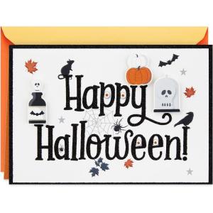 Hallmark Black and White Happy Halloween Card (Spell of Fun) Skull, Pumpkins, Bats, Spider Webs, Leaves