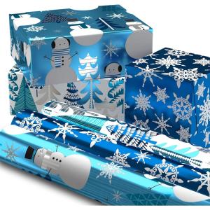 Hallmark Blue Foil Christmas Wrapping Paper with Cut Lines on Reverse (3 Rolls: 60 sq. ft. ttl) Snowmen, Snowflakes, Christmas Trees(Blue Snowman  Snowflakes  Trees)