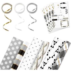 Hallmark Blue and Silver Wrapping Paper Set (3 Rolls: 90 Sq. Ft. Ttl, 10 Bows, Ribbon, Gift Tag Stickers) for Birthdays, Hanukkah, Father’s Day, Graduations, Weddings(White  Black  Gold  Gray)
