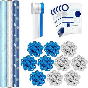Hallmark Blue and Silver Wrapping Paper Set (3 Rolls: 90 Sq. Ft. Ttl, 10 Bows, Ribbon, Gift Tag Stickers) for Birthdays, Hanukkah, Father’s Day, Graduations, Weddings(Blue and Silver)