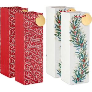 Hallmark Bottle Gift Bags, 4-Pack with Gold Heart Gift Tags (Peach, Pink, Purple Watercolor) for Anniversary, Bridal Showers, Any Day(Christmas)