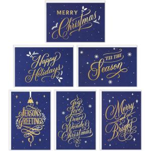 Hallmark Boxed Christmas Cards Assortment, Blue and Gold Holidays (6 Designs, 72 Cards with Envelopes)(Elegant Blue and Gold Holiday Card Assortment)