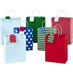 Hallmark Christmas Assorted Gift Bag Bundle with Mix-n-Match Gift Tags, Traditional (Pack of 7 : 3 Large 13″, 4 Medium Gift Bags 9″; 7 Gift Tags)(Chevron  Stripes  Dots)