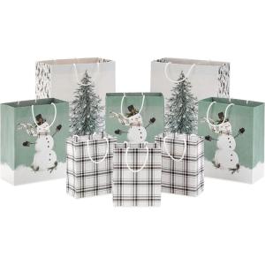 Hallmark Christmas Gift Bag Assortment (8 Bags: 3 Small 6″, 3 Medium 9″, 2 Large 13″) White and Sage Green with Rustic Snowman, Plaid, Evergreen Tree for Christmas, Winter Weddings, Birthdays(Sage Green Assortment)