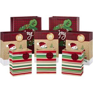 Hallmark Christmas Gift Bag Assortment, Traditional (Pack of 8 Gift Bags; 3 Small 6″, 3 Medium 9″, 2 Large 13″) Snowmen, Red Plaid, Kraft Stripes, “Joy” Wreath(Snowmen  Stripes  Wreath)
