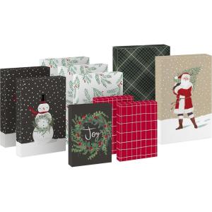 Hallmark Christmas Shirt Boxes for Presents (10 Clothes Boxes with Lids: 3 Small 11″, 5 Medium 14″, 2 Large 16″) Red, Green and Black Plaid, Snowmen, Santa, Winter Greenery