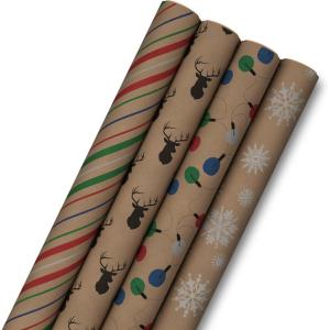 Hallmark Christmas Wrapping Paper Bundle with Cut Lines on Reverse, Kraft (Pack of 4, 88 sq. ft. ttl) Red Trucks, Snowflakes, Stripes, Merry Christmas (5JXW1038)(Christmas Lights  Deer  Snowflakes  Red  Green  Blue Stripes)