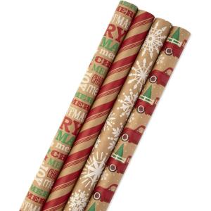 Hallmark Christmas Wrapping Paper Bundle with Cut Lines on Reverse, Kraft (Pack of 4, 88 sq. ft. ttl) Red Trucks, Snowflakes, Stripes, Merry Christmas (5JXW1038)(Red Trucks  Snowflakes  Red Stripes  Merry Christmas)