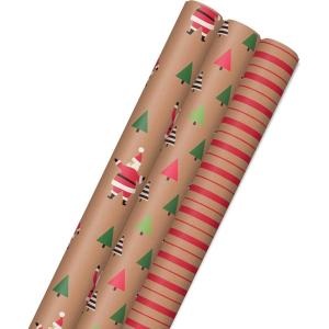 Hallmark Christmas Wrapping Paper Rolls – Minimalist Brown Kraft Trees, Antlers, Snowflakes Gift Wrap Paper (3 Rolls: 90 sq. ft. ttl.) for Holiday Parties, Hanukkah, Winter Weddings(Santas  Trees  Stripes)