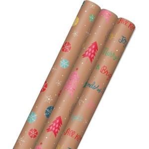 Hallmark Christmas Wrapping Paper Rolls – Minimalist Brown Kraft Trees, Antlers, Snowflakes Gift Wrap Paper (3 Rolls: 90 sq. ft. ttl.) for Holiday Parties, Hanukkah, Winter Weddings(Snowflakes  Pink Trees  “All Kinds of Merry”)
