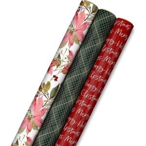 Hallmark Christmas Wrapping Paper Rolls, Holiday Plaid (3-Pack: 120 Sq. Ft. Ttl) Red Toile, Black Buffalo Check, Plaid for Christmas, Birthdays, Weddings, Crafts(Elegant Poinsettia  Merry Christmas  and Green Plaid)