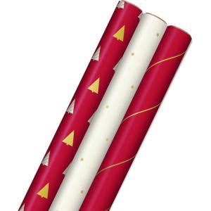 Hallmark Christmas Wrapping Paper Rolls, Holiday Plaid (3-Pack: 120 Sq. Ft. Ttl) Red Toile, Black Buffalo Check, Plaid for Christmas, Birthdays, Weddings, Crafts(Red  White  Gold Trees  Stripes  Dots)