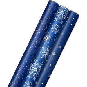 Hallmark Christmas Wrapping Paper Rolls, Metallic Foil Holiday Gift Wrap (Pack of 3: 60 sq. ft. ttl) Elegant Navy Blue and Gold for Christmas, Hanukkah, Weddings, Graduations(Navy Dots  Snowflakes  Stars)