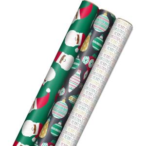Hallmark Christmas Wrapping Paper with Cutlines on Reverse (3 Rolls: 90 Sq. Ft. Total) Santa Claus, Polka Dots, Snowmen(Multicultural Santa Claus  Ornaments  “Merry Christmas”)