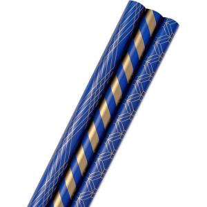 Hallmark Colorful Wrapping Paper Bundle with Cutlines on Reverse (6 Rolls: 110 Square Feet Total) Llamas, Zebras, Cupcakes, Holographic Stripes, Polka Dots for Birthdays, Kids Parties, Back to School(Metallic Blue and Gold)