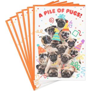 Hallmark Cute Birthday Cards (6 Cards with Envelopes) Pile of Pugs