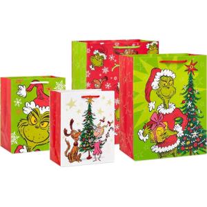 Hallmark Dr. Seuss Grinch Christmas Gift Bag Bundle for Kids (4 Bags: 2 Medium 9″, 2 Large 13″) Cindy Lou Who, Max the Dog, Red and Green Snowflakes(Grinch)