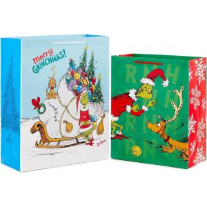 Hallmark Dr. Seuss Grinch Wrapping Paper for Kids (3 Rolls: 105 Sq. Ft. Ttl) for Christmas with Blue Tiles, White Snowflakes, Cindy Lou Who, Max(Gift Bags)