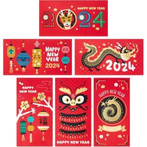 Hallmark Eight Bamboo 2024 Chinese New Year Money or Gift Card Holders for Kids (36 Year of the Dragon Red Envelopes)