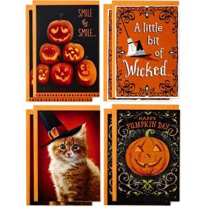 Hallmark Fall Thinking of You Cards (8 Cards with Envelopes) Pumpkins and Leaves(Wicked Cat and Pumpkins)