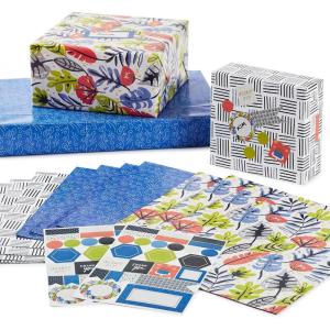 Hallmark Flat Wrapping Paper Sheets with Cutlines on Reverse (12 Folded Sheets with Sticker Seals) Red, Blue, Green, Yellow Geometric, Stripes, Dots for Birthdays, Father’s Day, Graduation(Colorful Floral  Black and White  Blue)