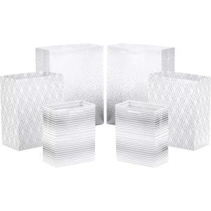 Hallmark Gold Gift Bag Assortment – Diamonds, Stripes, Dots (Pack of 6: 2 Medium 9″, 2 Large 11″, 2 Extra Large 14″) for Birthdays, Mother’s Day, Weddings, Bridal Showers, Anniversaries and More(Silver  White)